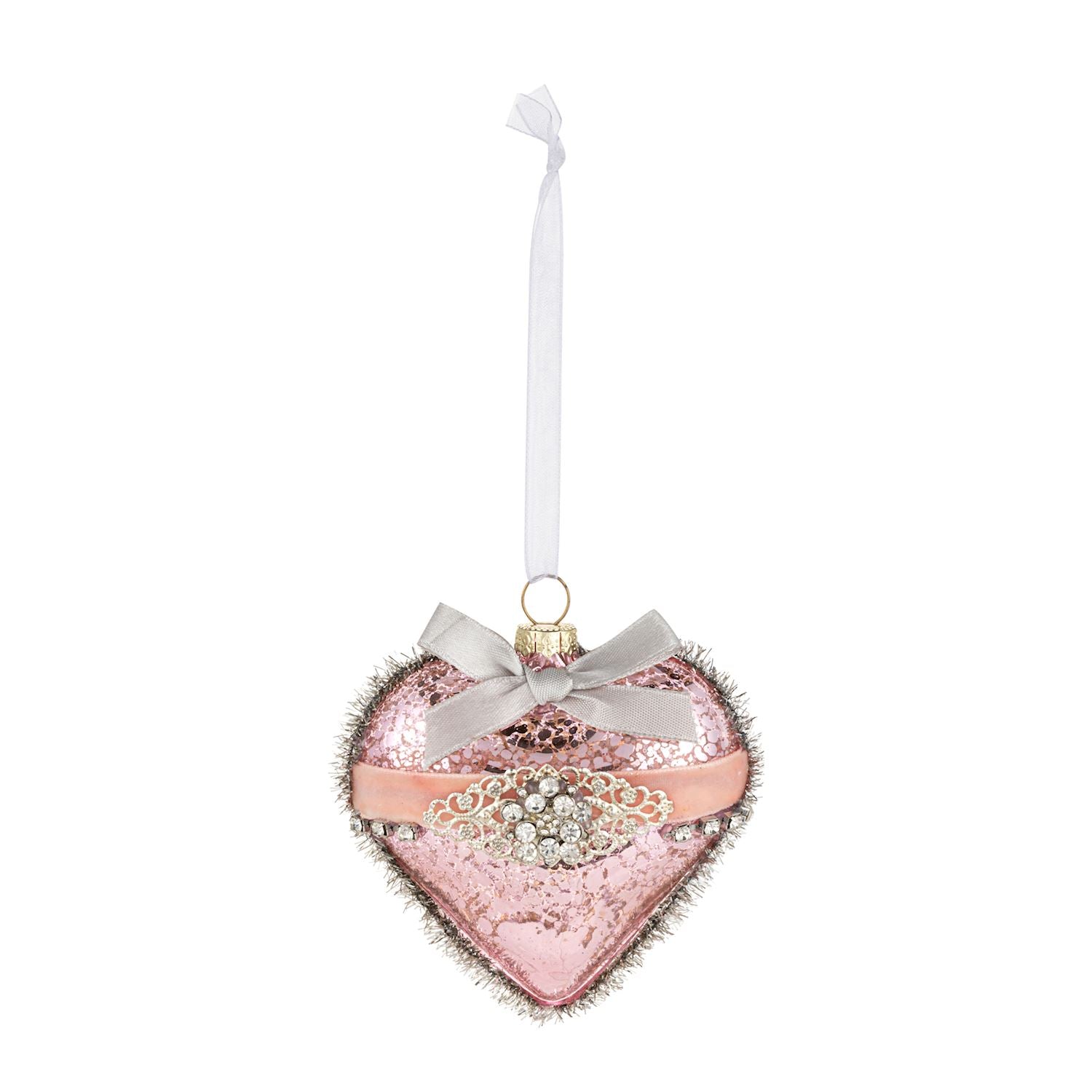 Pink Heart With Ribbon Glass Ornament