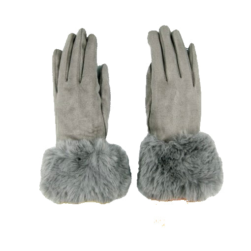 Fur Trimmed Ultra Suede Gloves - Light Grey