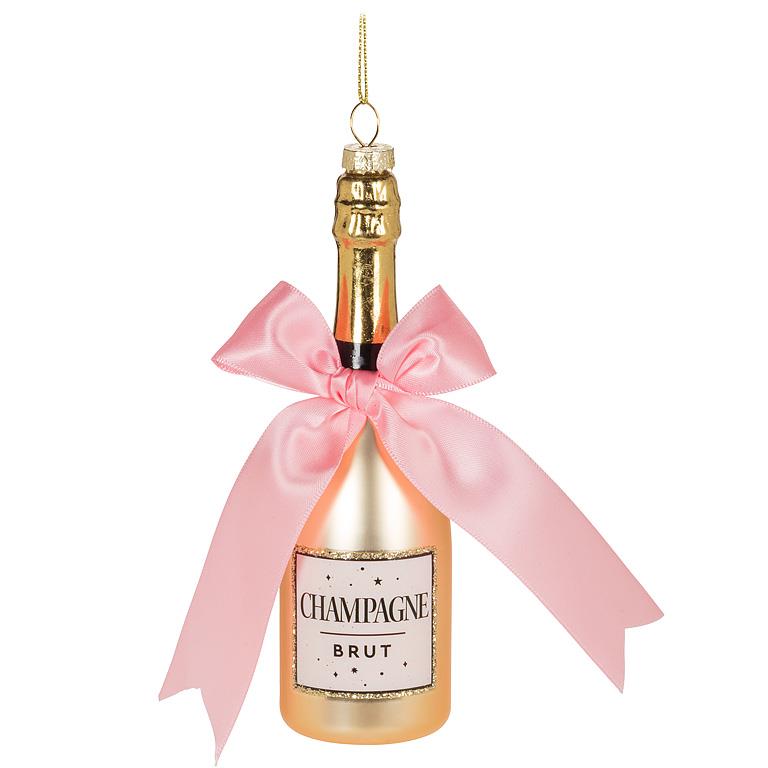 Gold Champagne Bottle with Bow Glass Ornament