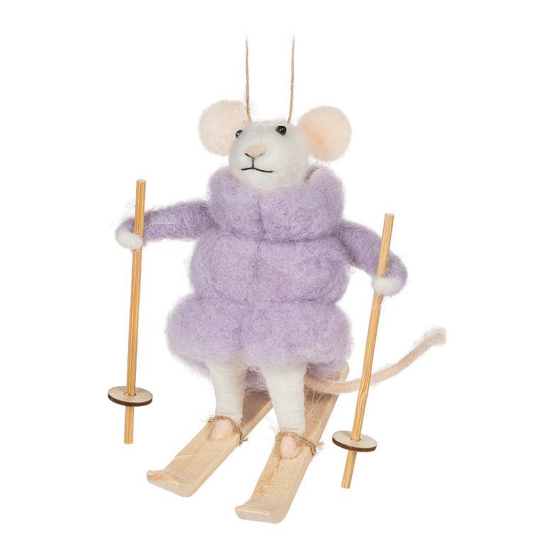 Skiing Mouse in Lilac Puffy Parka Felt Ornament