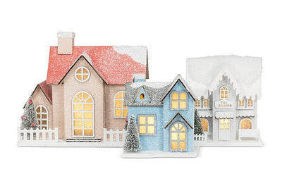 Medium Pink Snowy Glitter House with LED Lights | Putti Christmas Villages