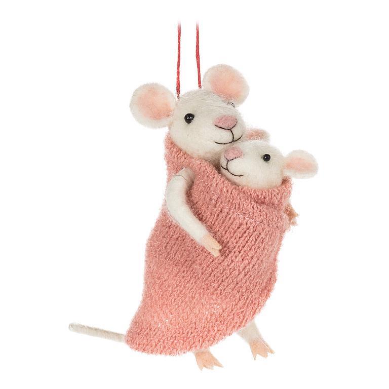 Pink Mother and Baby Mouse Ornament | Putti Christmas Decorations