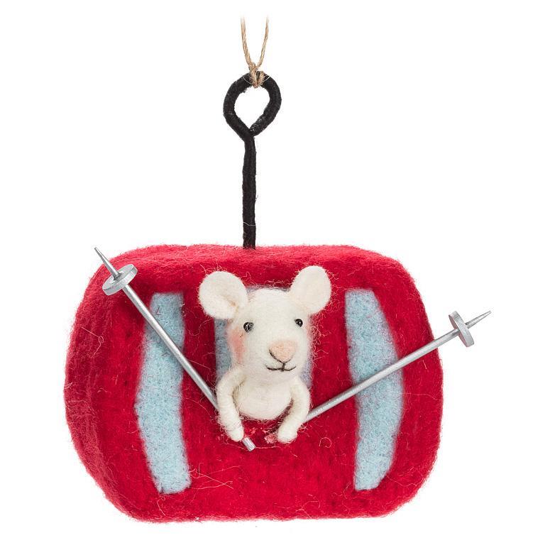 Skiing Mouse in Gondola Felt Ornament  | Putti Christmas Decorations 