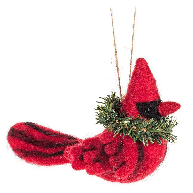 Red Cardinal with Wreath Felt Ornament | Putti Christmas Decorations 