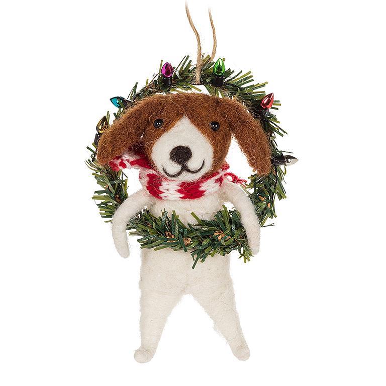 Dog in Wreath Felt Ornament | Putti Christmas Decorations