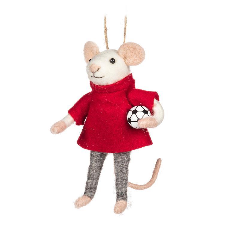 Soccer Mouse Ornament With Ball Red | Putti Christmas Decorations 