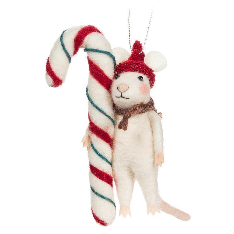 Holiday Mouse with Hat & Candy Cane Felt Ornament | Putti Christmas 