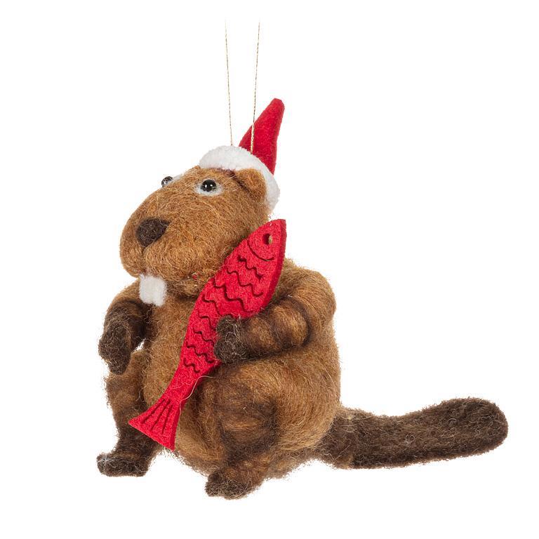 Beaver with Hat & Fish Ornament  | Putti Christmas Decorations 