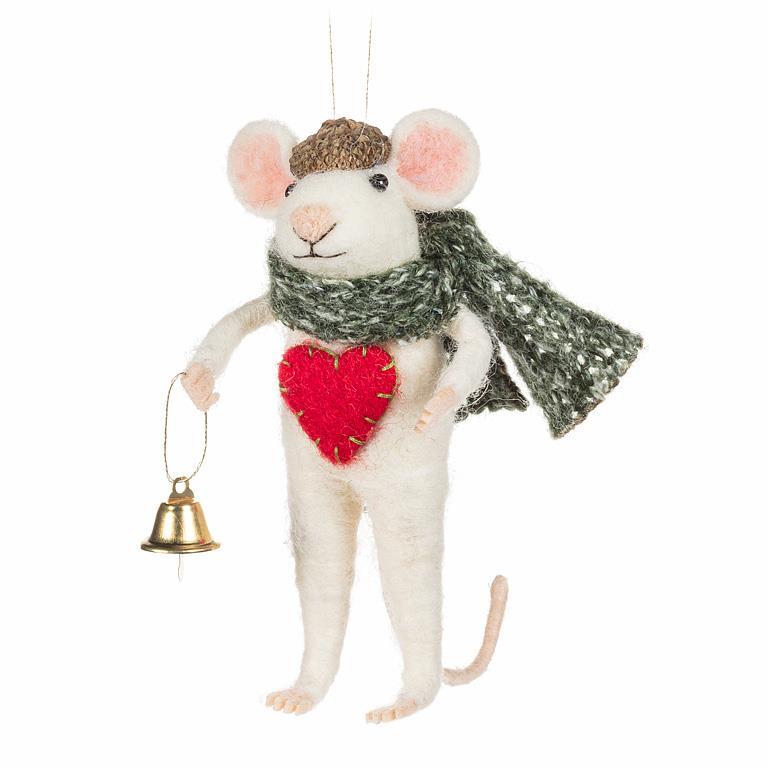 Winter Mouse with Heart & Bell felt Ornament | Putti Christmas Decorations 