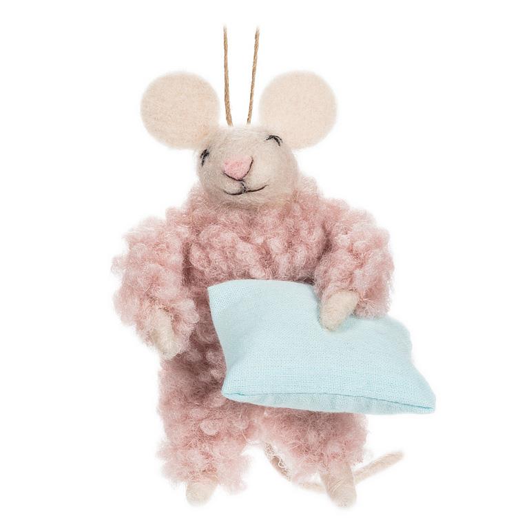 Mouse in Fuzzy PJ's & Pillow Felt Ornament | Putti Christmas Decorations 