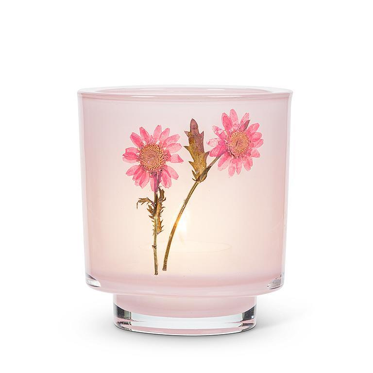 Frosted Votive with Pressed Flowers - Pink Daisy