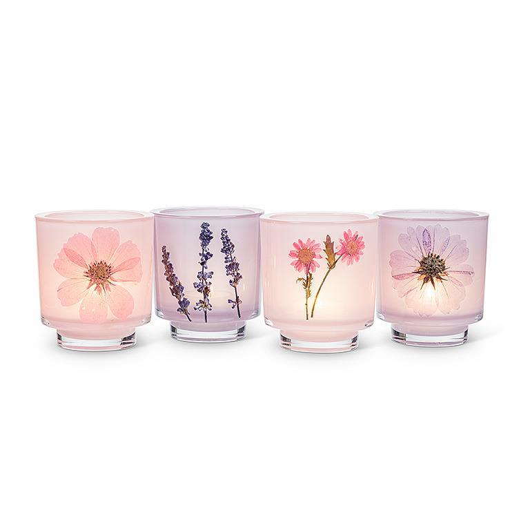 Frosted Votive with Pressed Flowers - PInk Flower