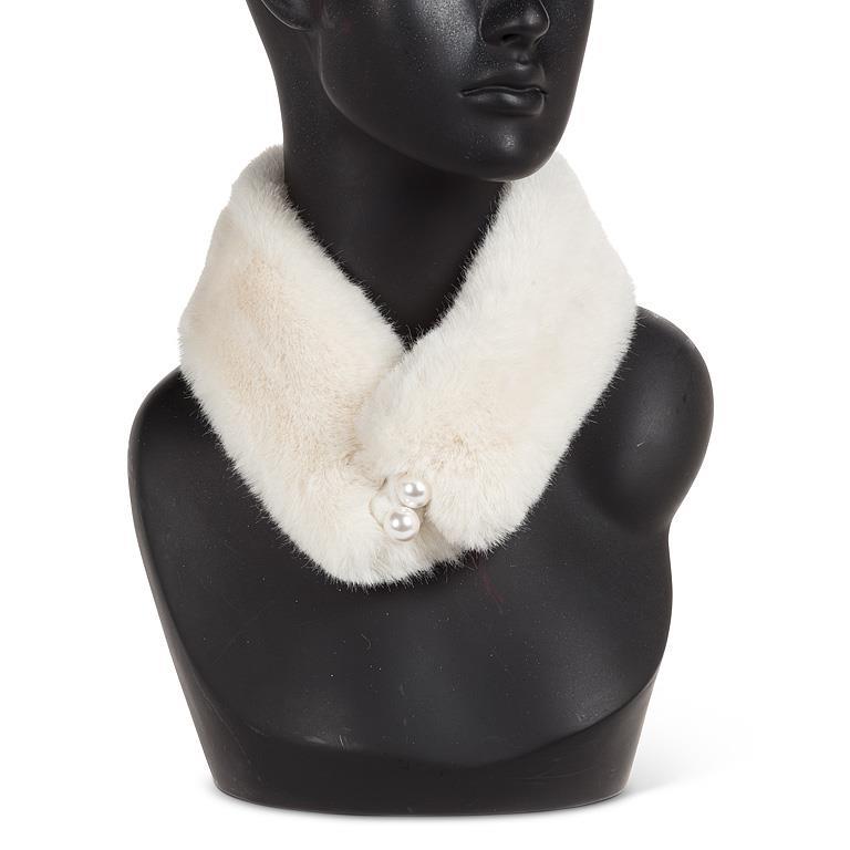 Faux Fur Magnet Scarf with Pearls - Ivory