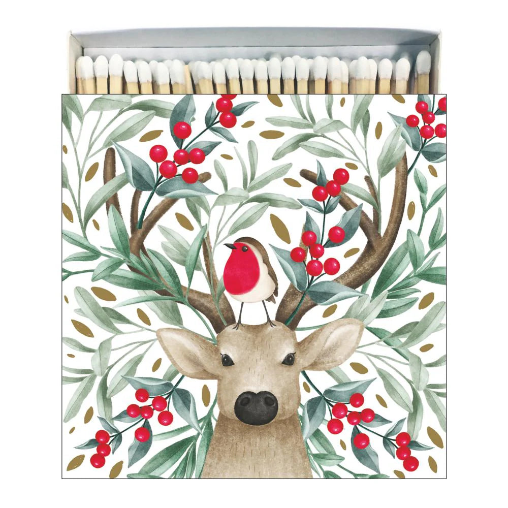"Bird and Buck" Deer with Berries Square Decoative Match Box | Putti Fine Furnishings 