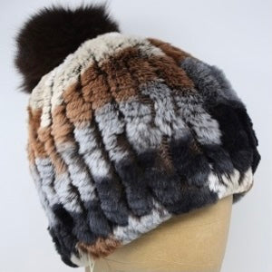 Knit Fur Hat with Pom Pom - Brown Black Multi