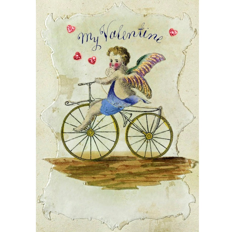 Cherub on Bicycle Hand Glittered Greeting Card