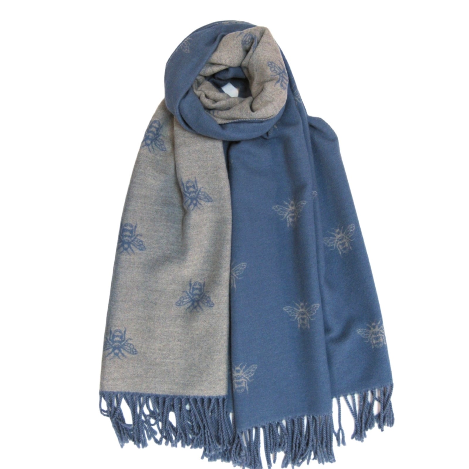 Cashmere Blend Bee Pattern Scarf - Blue
