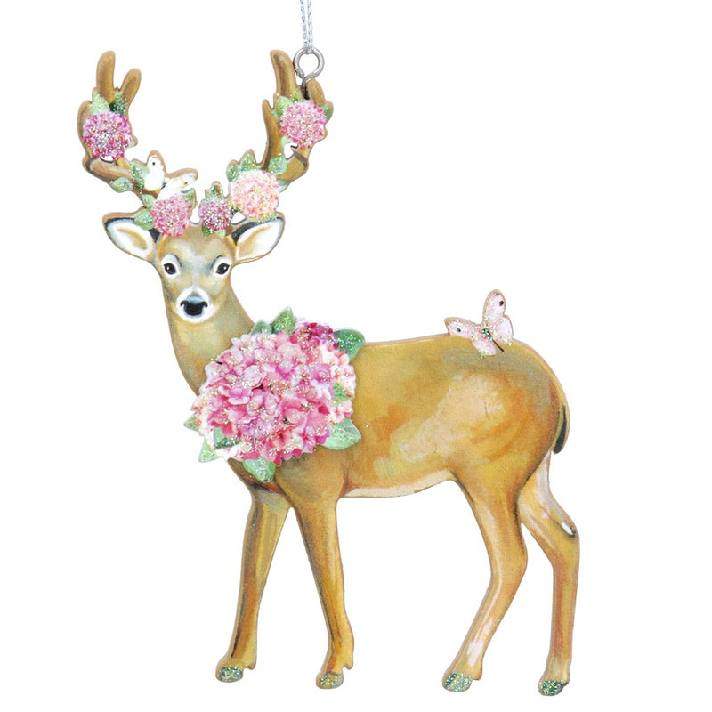 Stag with Pink Hydrangea Wood Ornament