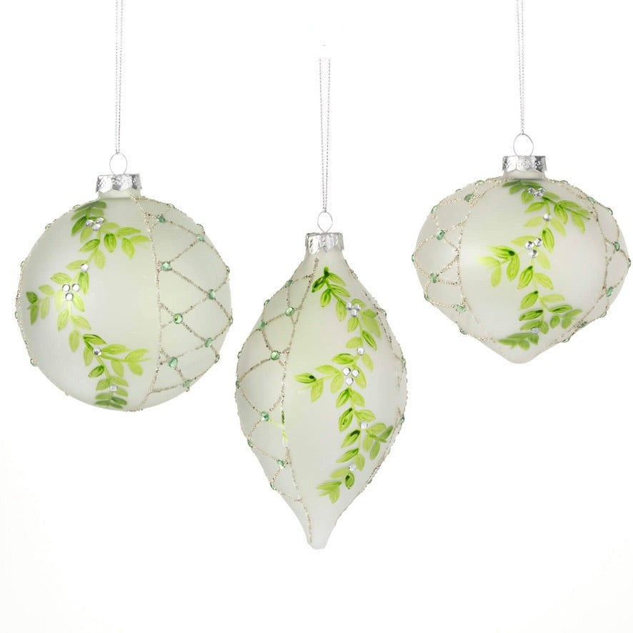 Grean Botanical Leaf Beaded Glass Ornament