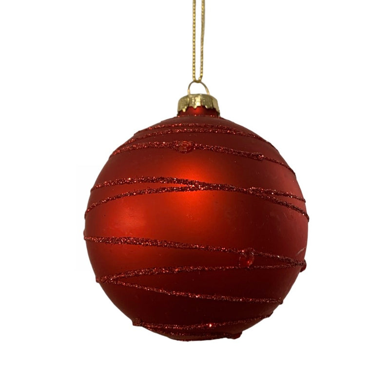 Matte Red with Glitter spiral Glass Ball Ornament | Putti Decorations 