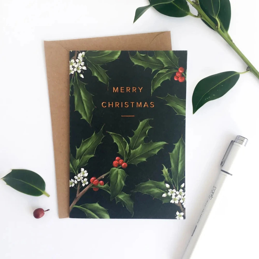 Holly Border Black Christmas Greeting Card | Putti Christmas 