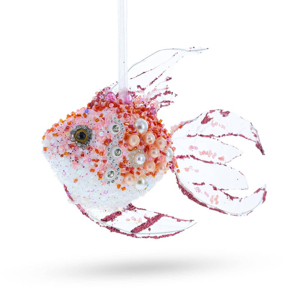 Beaded Pink Coral Reef Fish Glass Christmas Ornament |. Putti Christmas Decorations 