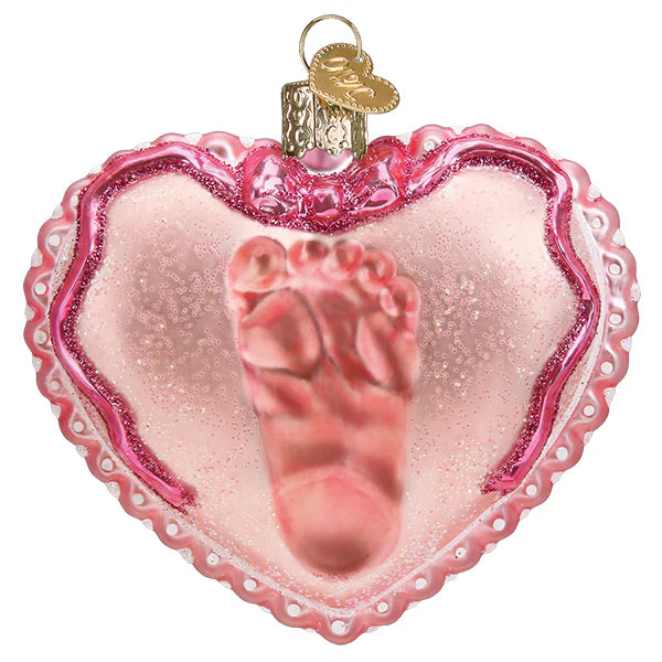 Old World Christmas Baby Girl's Footprint Heart Ornament