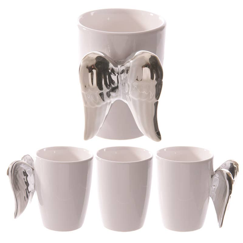 Silver Angel Wings Ceramic Shaped Handle Mug