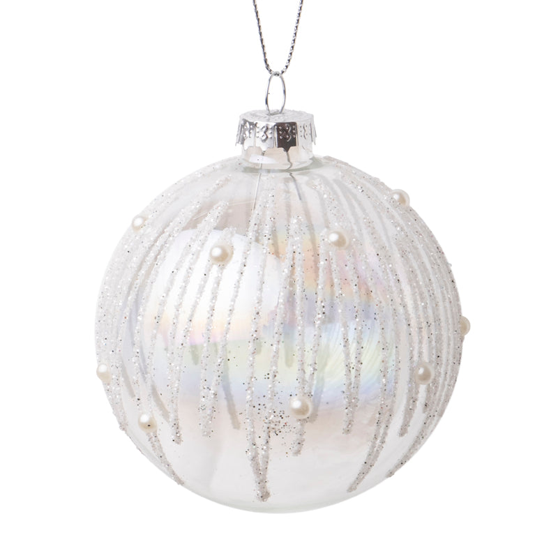 Clear with White Glitter Zig Zag Glass Ball Ornament | Putti Christmas Decorations 