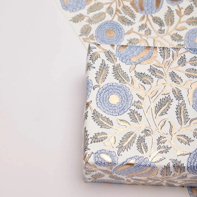 Hand Block Printed Gift Wrap Sheets - Marigold Glitz Blue Stone