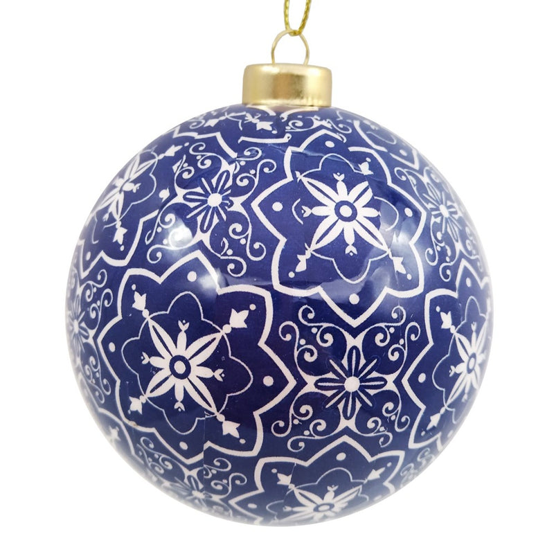 Blue and White Tile Pattern Glass Ornament | Putti Christmas Decorations 