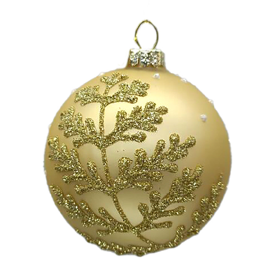 Matte Gold with Leaf Glass Ball Ornament | Putti Christmas Decorations 
