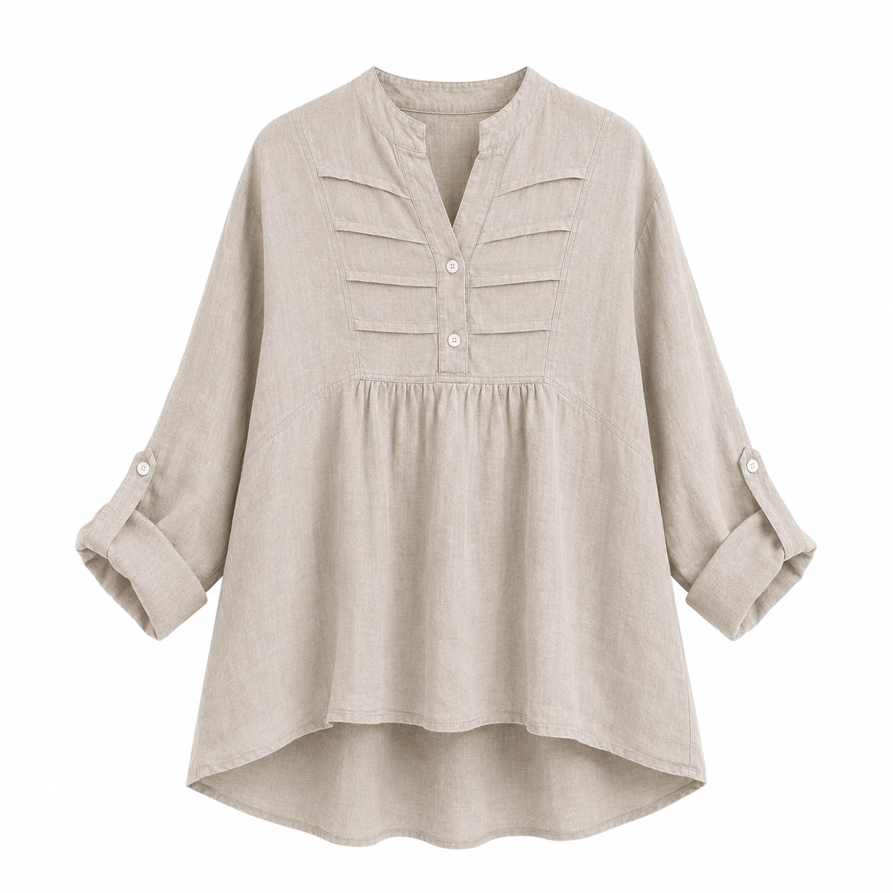 Plain Pleated Front Dip Hem Linen Tunic Top - Beige