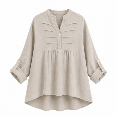 Plain Pleated Front Dip Hem Linen Tunic Top - Beige