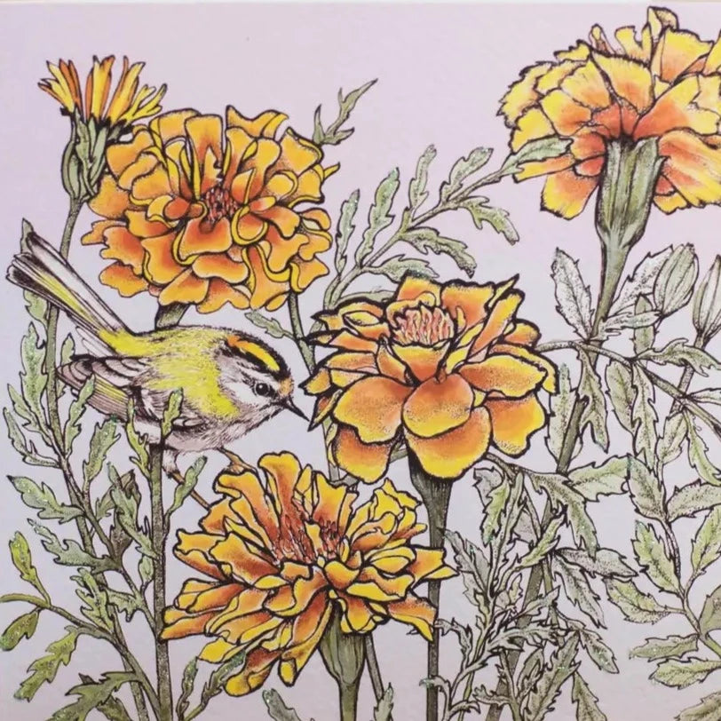 Firecrest and Marigolds Greeting Card  | Putti Fine Furnishings Canada 