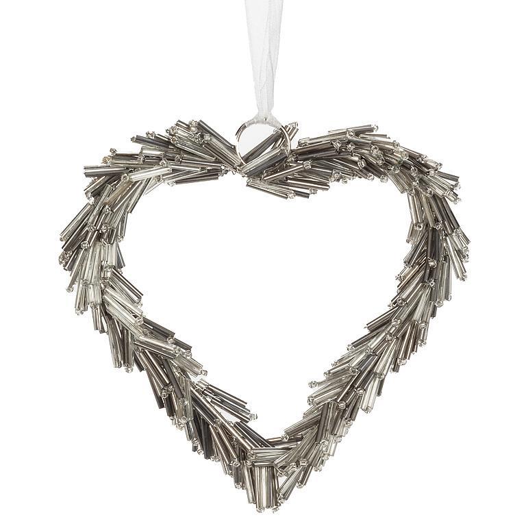 Beaded Heart Ornament - Silver | Putti Christmas Decorations 