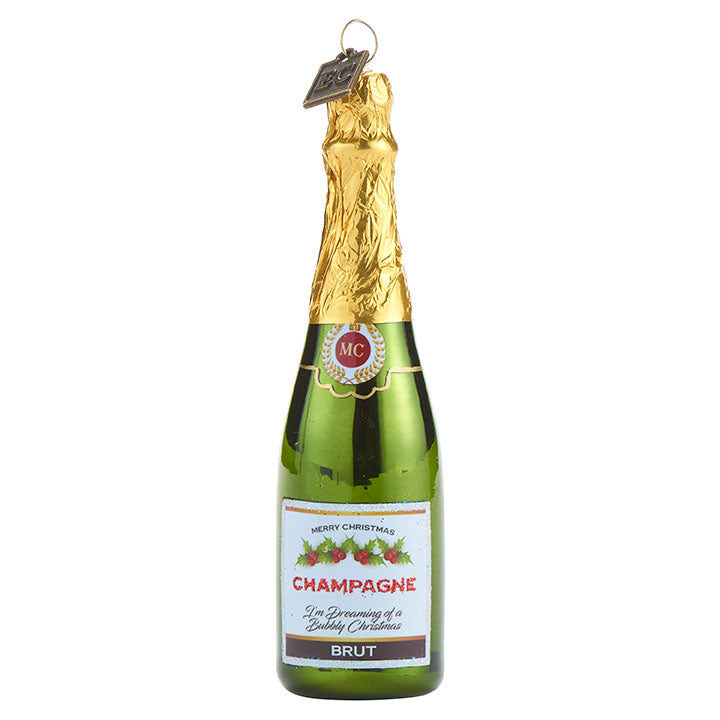 Eric Cortina "Merry Christmas" Champagne Bottle Glass Ornament