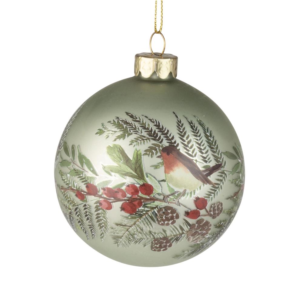 Robin with Berry Glass Ball Ornament | Putti Christmas Decorations 