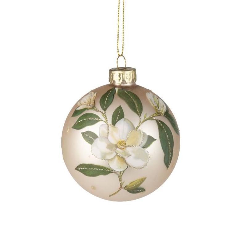 Magnolia on Matte Gold Glass Ball Ornament  | Putti Christmas Celebrations 