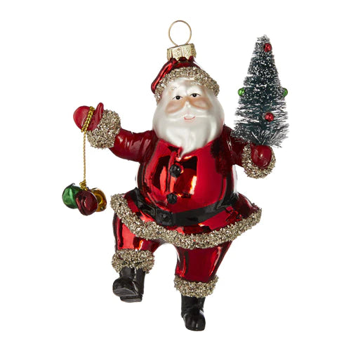 Santa with Brush Tree Glass Ornament
