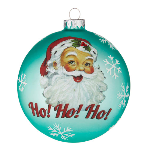 Retro Santa "Ho Ho Ho" Aqua Glass Ball Ornament