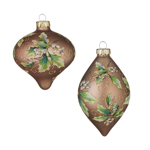 Taupe with Holly Pattern Glass Ornament | Putti Christmas Decorations 