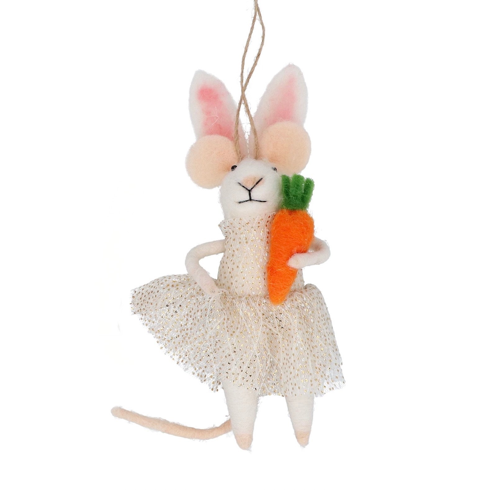 Mouse with Ivory Sparkle Dress and Carrot Felt Ornament