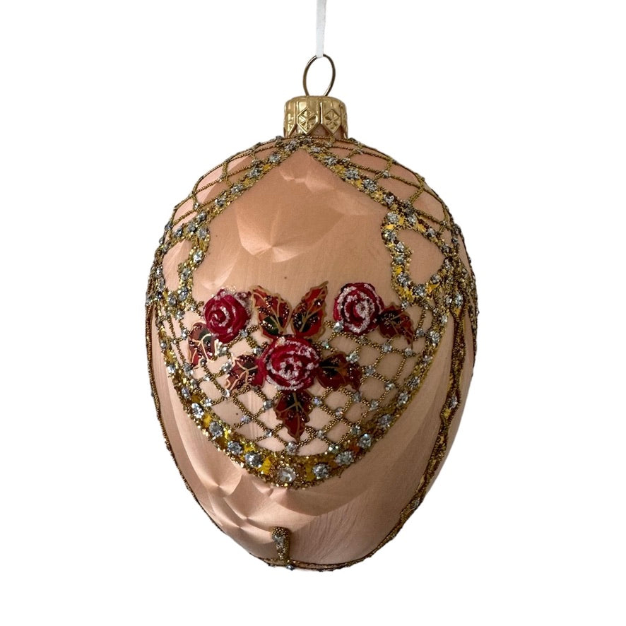 Peach with Rose Trellis European Glass Egg Ornament  | Putti Christmas 