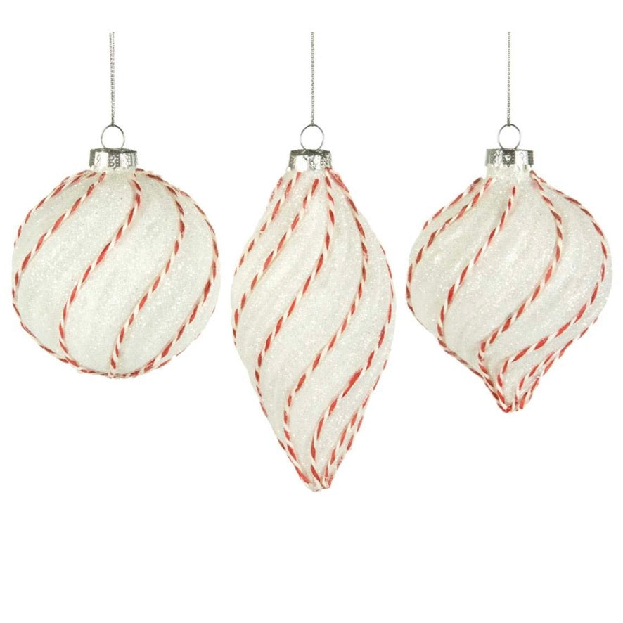 White with Red and White Cord Glass Ornament | Putti Christmas Decorations 