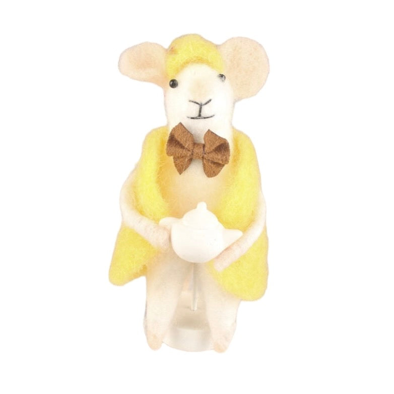 "Tea Time" Yellow Jacket Felted Mouse Ornament | Putti Decorations 