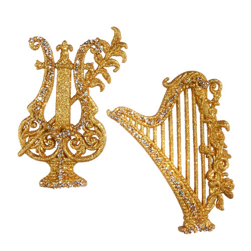 Gold Glitter Lyre and Harp Ornaments | Putti Christmas Decorations 