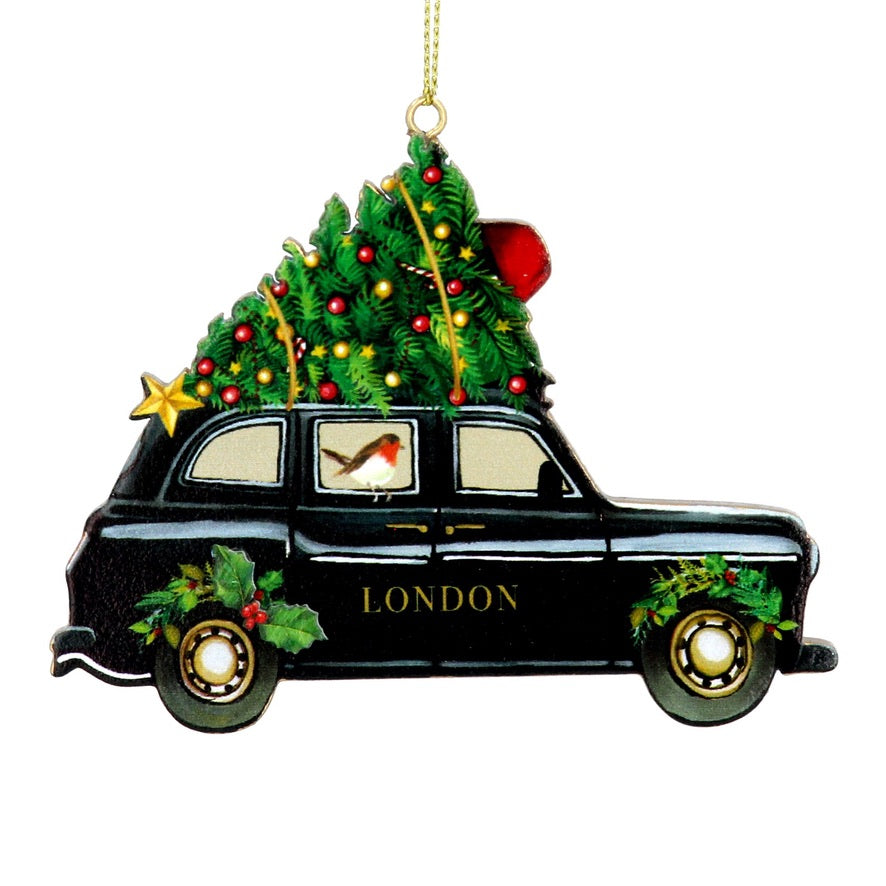London Black Taxi Cab with Tree Wood Ornament | Putti Christmas Decorations 