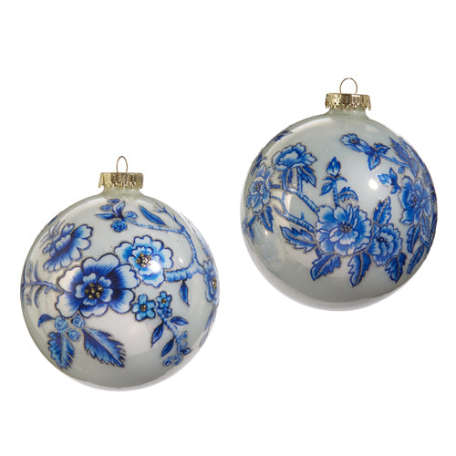 Blue Floral Glass Ball Ornament | Putti Christmas Decorations 