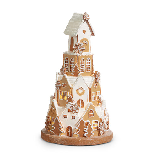 White Icing Lighted Gingerbread Stacked Village | Putti Christmas Decor 